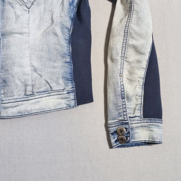 Parasuco jean jacket crop women's sz M hard washed denim blue distressed design - Picture 7 of 11